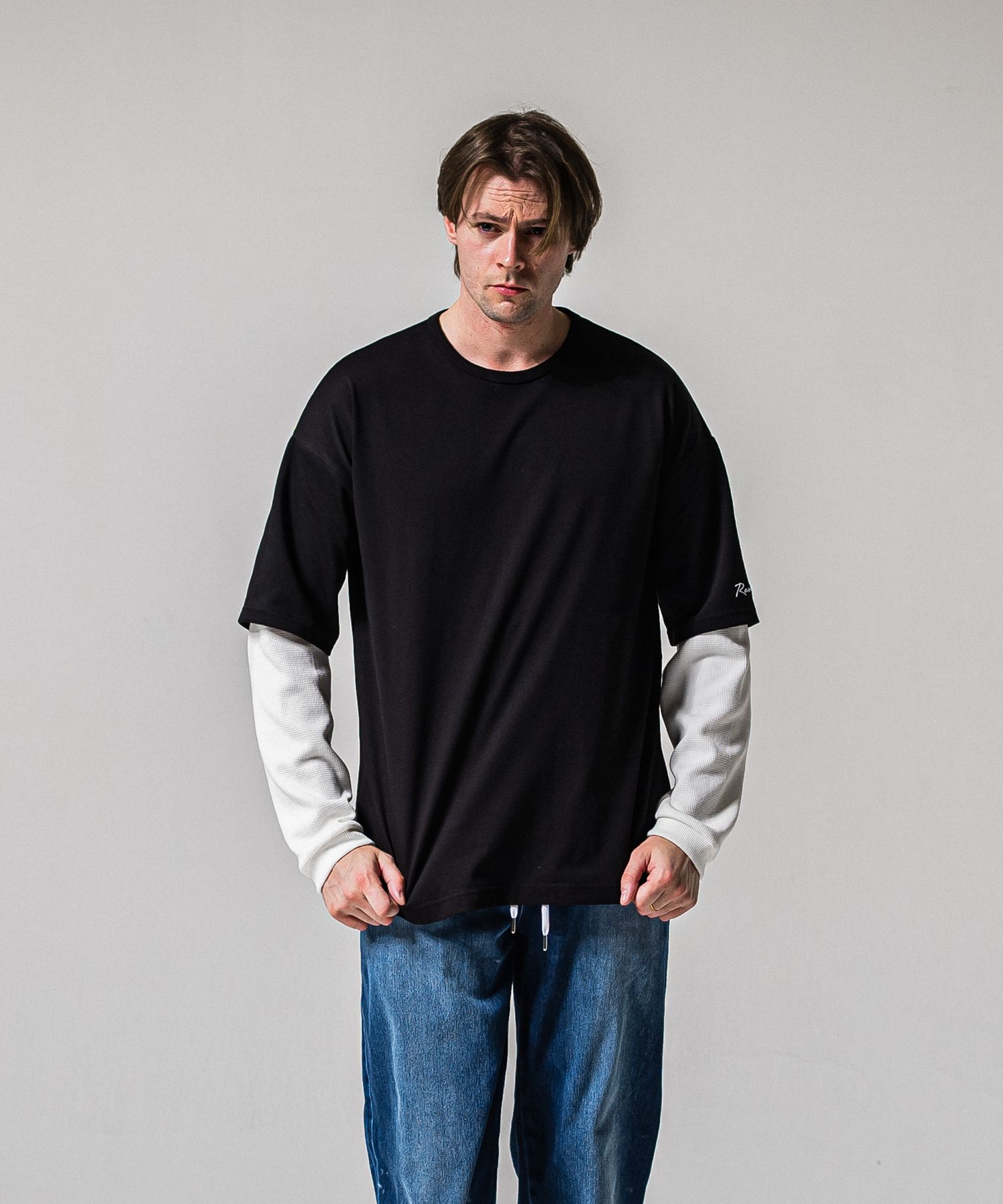 FAKE LAYERED WAFFLE LONG SLEEVE / RC39-T-007 / サーマルレイヤードロングスリーブTシャツ / ブラック×ホワイト (1月下旬入荷予定)