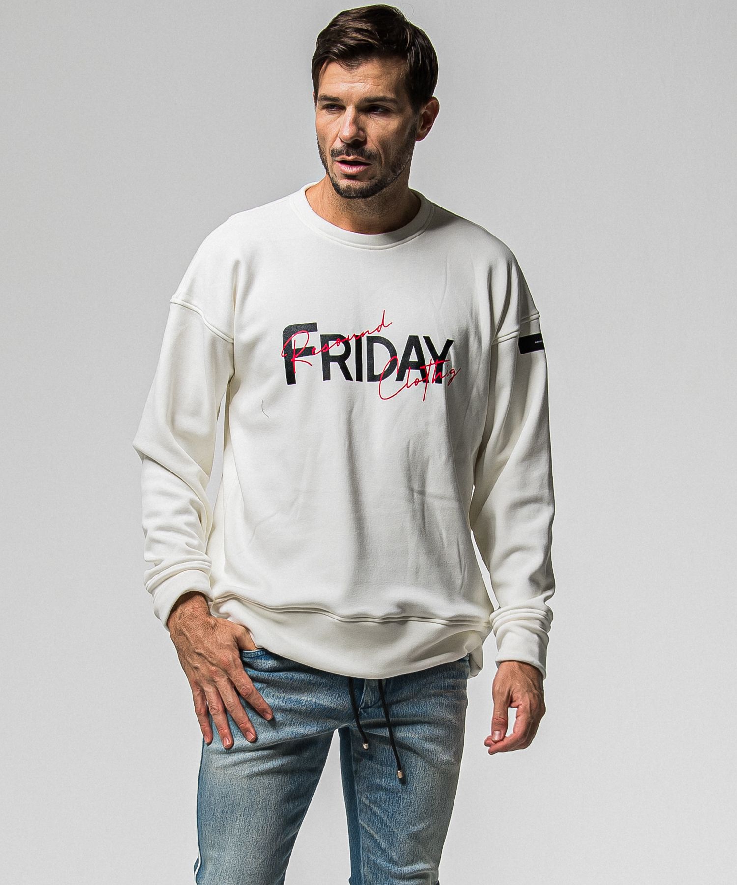 【FRIDAYコラボ】 FRIDAY OLD LOGO VELOURS FLEECE TRAINER / RCF1-C-003 / 裏起毛FRIDAYオールドロゴトレーナー / ホワイト (11月上旬入荷予定)