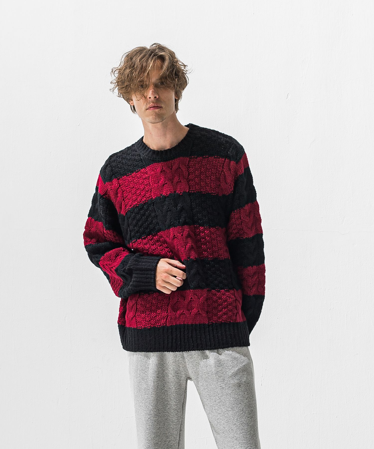 CABLE LAW SWEATER / RC42-K-002 / ケーブルニット / ブラック×レッド (10月下旬入荷予定)