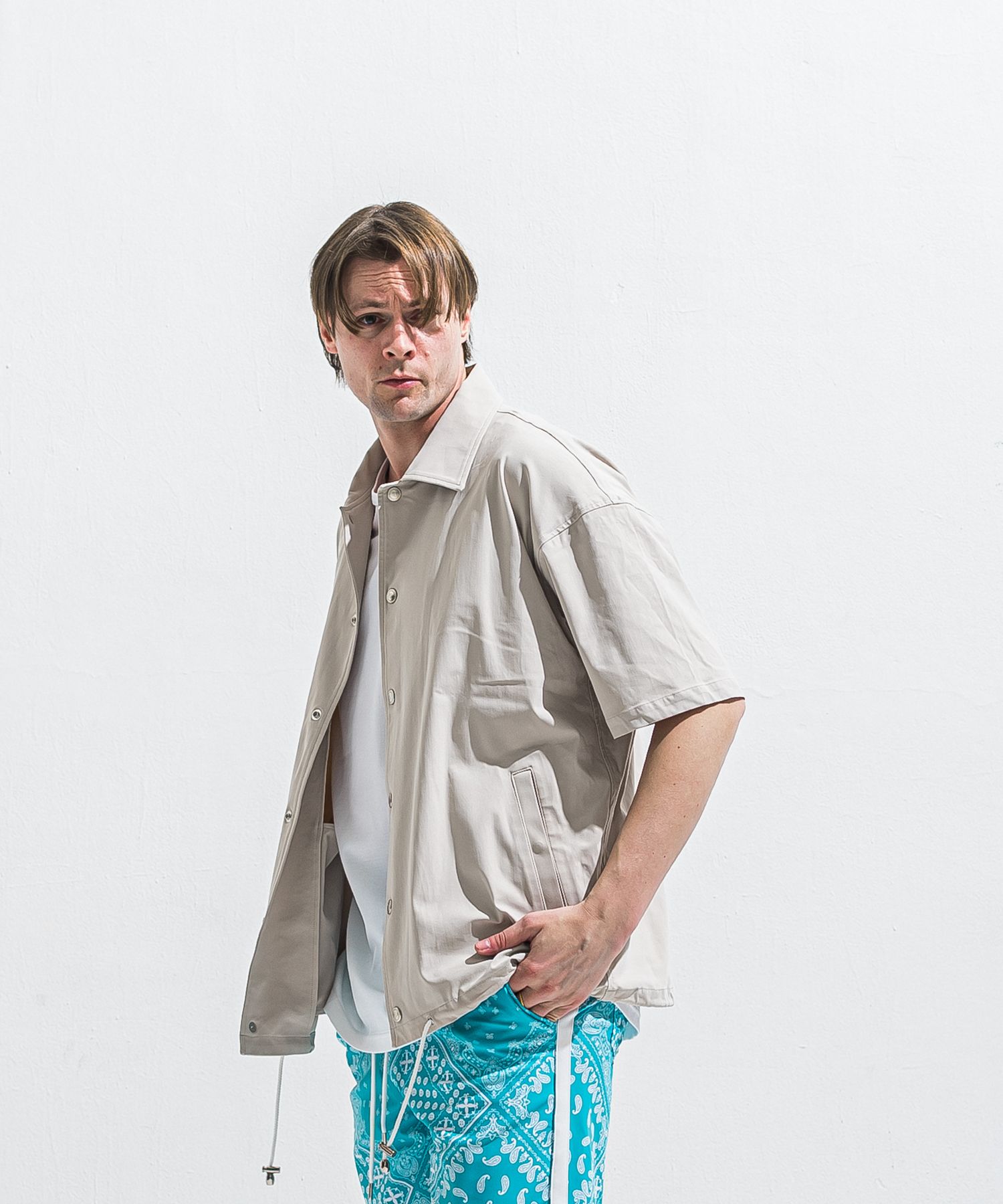 NYLON HALF COACH JACKET / RC40-C-002 / 半袖ナイロンコーチジャケット / グレージュ (5月中旬入荷予定)