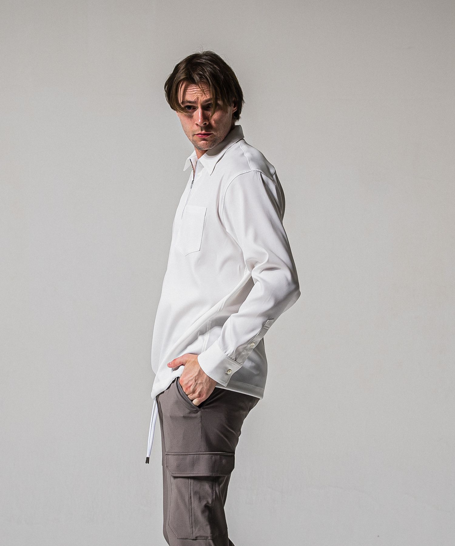 PULLOVER SATIN SHIRT / RC39-SH-002 / ハーフジップサテンシャツ / ホワイト (3月上旬入荷予定)