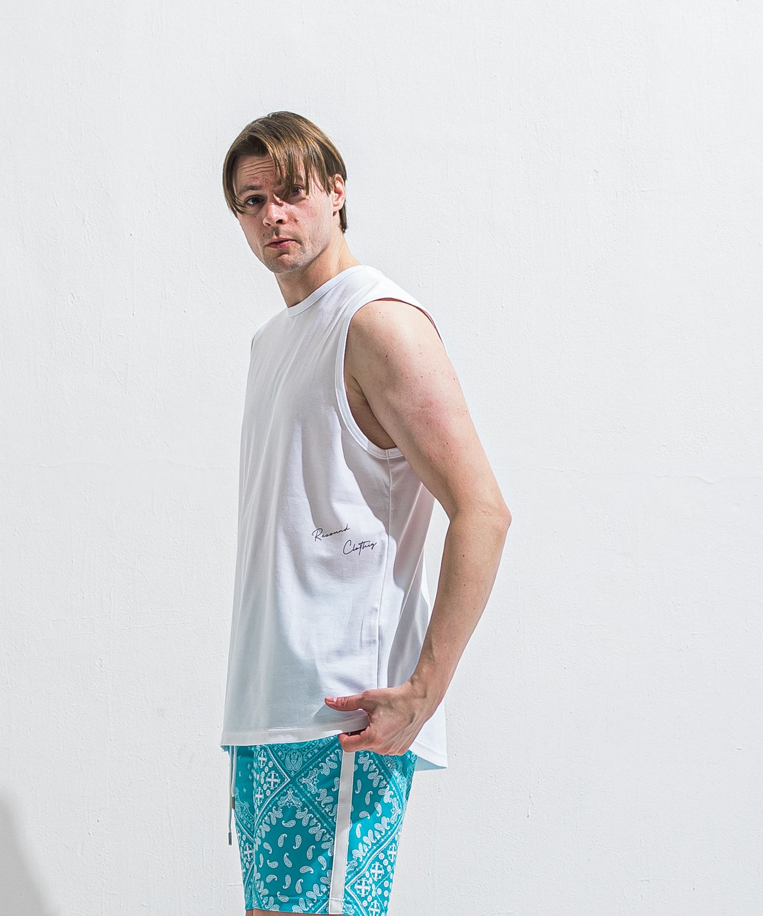 OVER NO SLEEVE / RC40-T-010 / サイドロゴメッシュノースリーブ / ホワイト (6月上旬入荷予定)