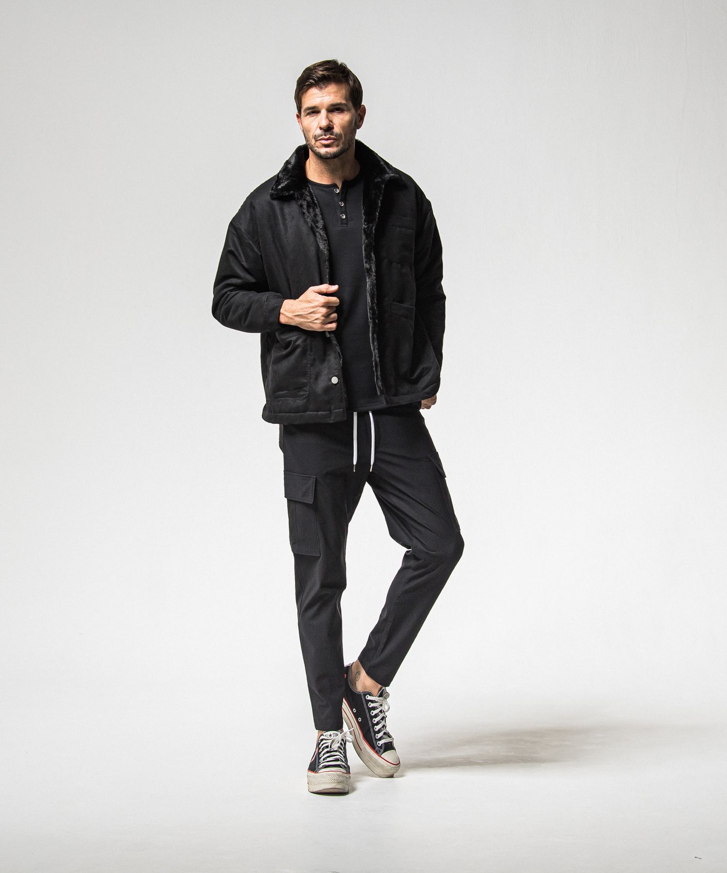 VELOURS FLEECE THERMAL HENRY / RC38-C-003 / 裏起毛サーマルヘンリーネックロングTシャツ / ブラック (10月中旬入荷予定)