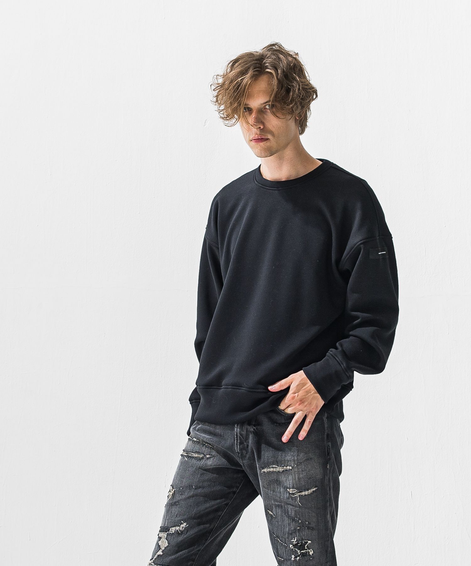 PIN ST RC VELOURS FLEECE DROP TRAINER / RC42-C-006 / 裏起毛バックロゴトレーナー / ブラック (11月上旬入荷予定)