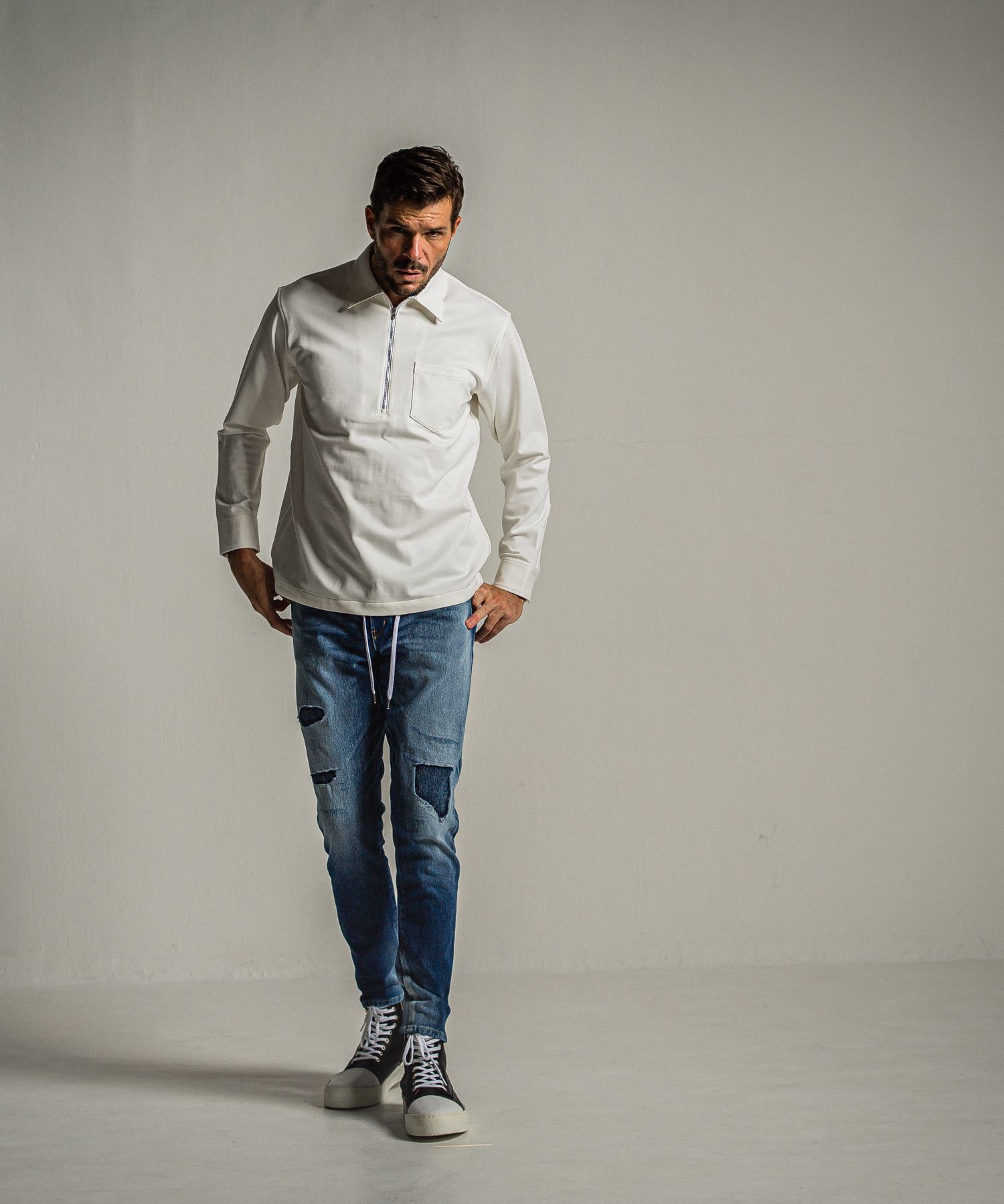 PULLOVER JERSEY SHIRT / RC34-SH-002 / 裏起毛ハーフジップシャツ / ホワイト