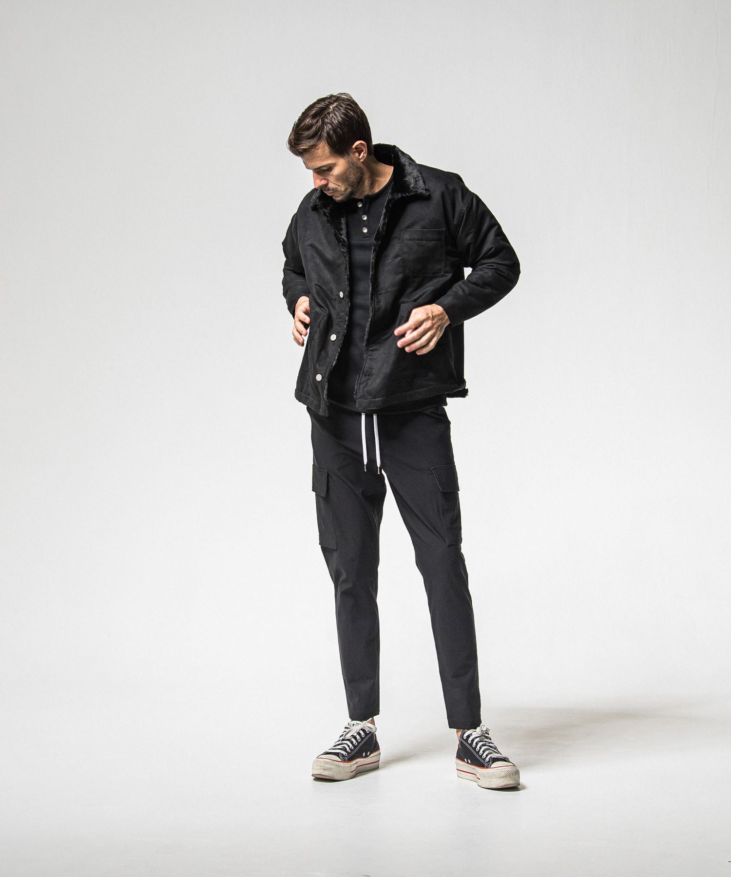 VELOURS FLEECE THERMAL HENRY / RC38-C-003 / 裏起毛サーマルヘンリーネックロングTシャツ / ブラック (10月中旬入荷予定)