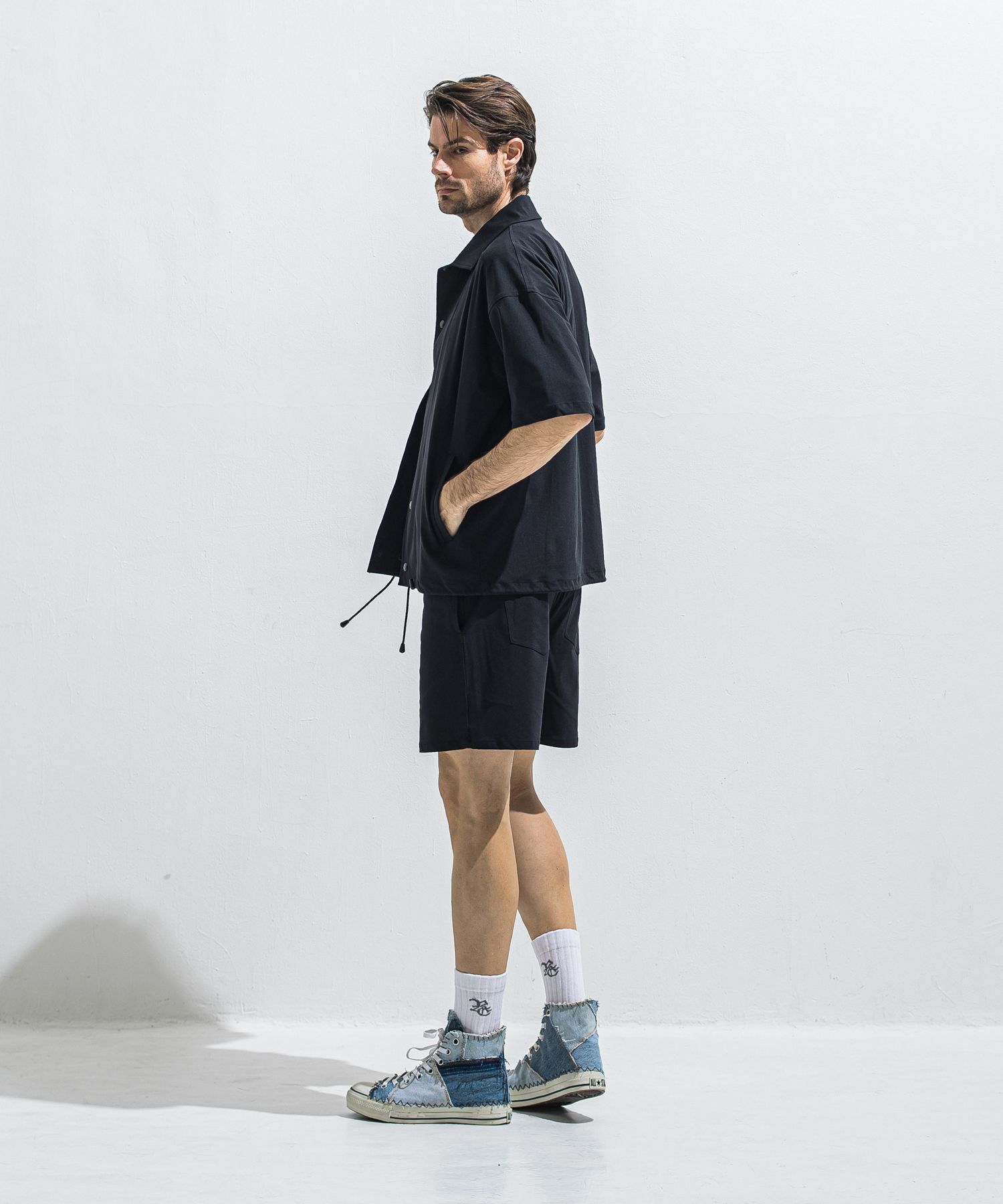 NYLON HALF COACH JACKET / RC40-C-002 / 半袖ナイロンコーチジャケット / ブラック (5月中旬入荷予定)