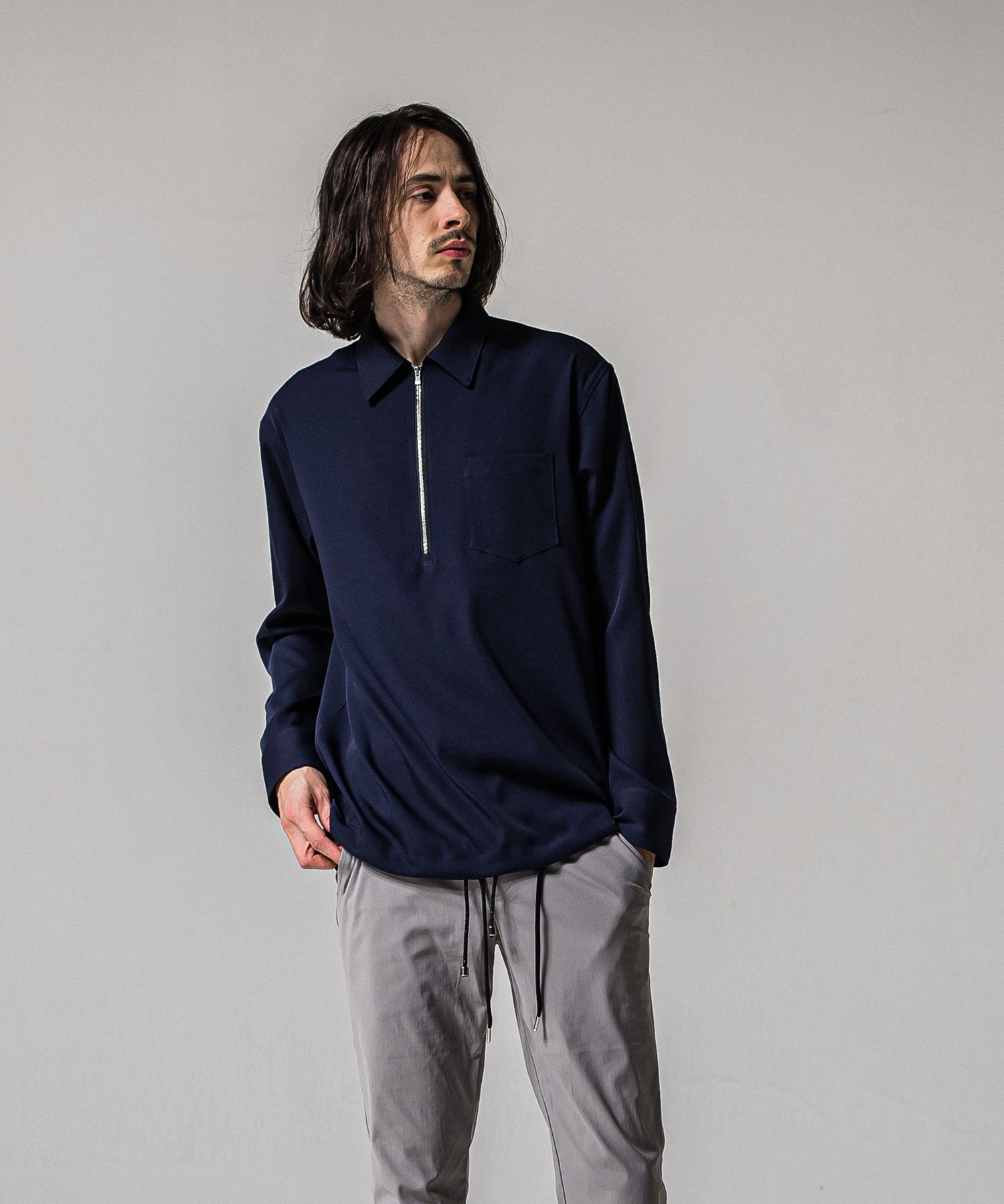 PULLOVER SATIN SHIRT / RC39-SH-002 / ハーフジップサテンシャツ / ネイビー (3月上旬入荷予定)