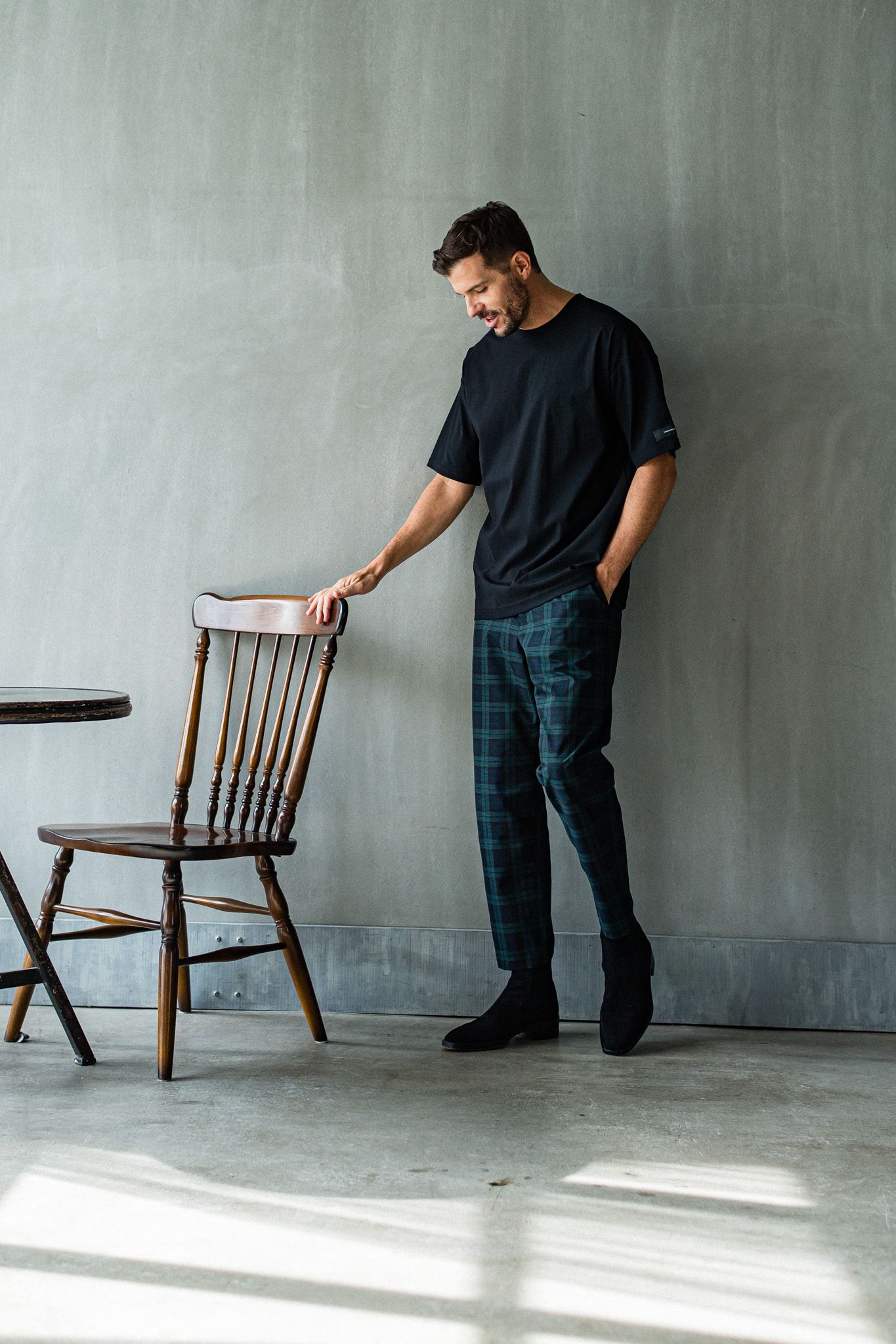 PAT WIDE EASY PANTS / RC32-ST-036 / ベルト付きテーパードワイドパンツ / グリーンチェック