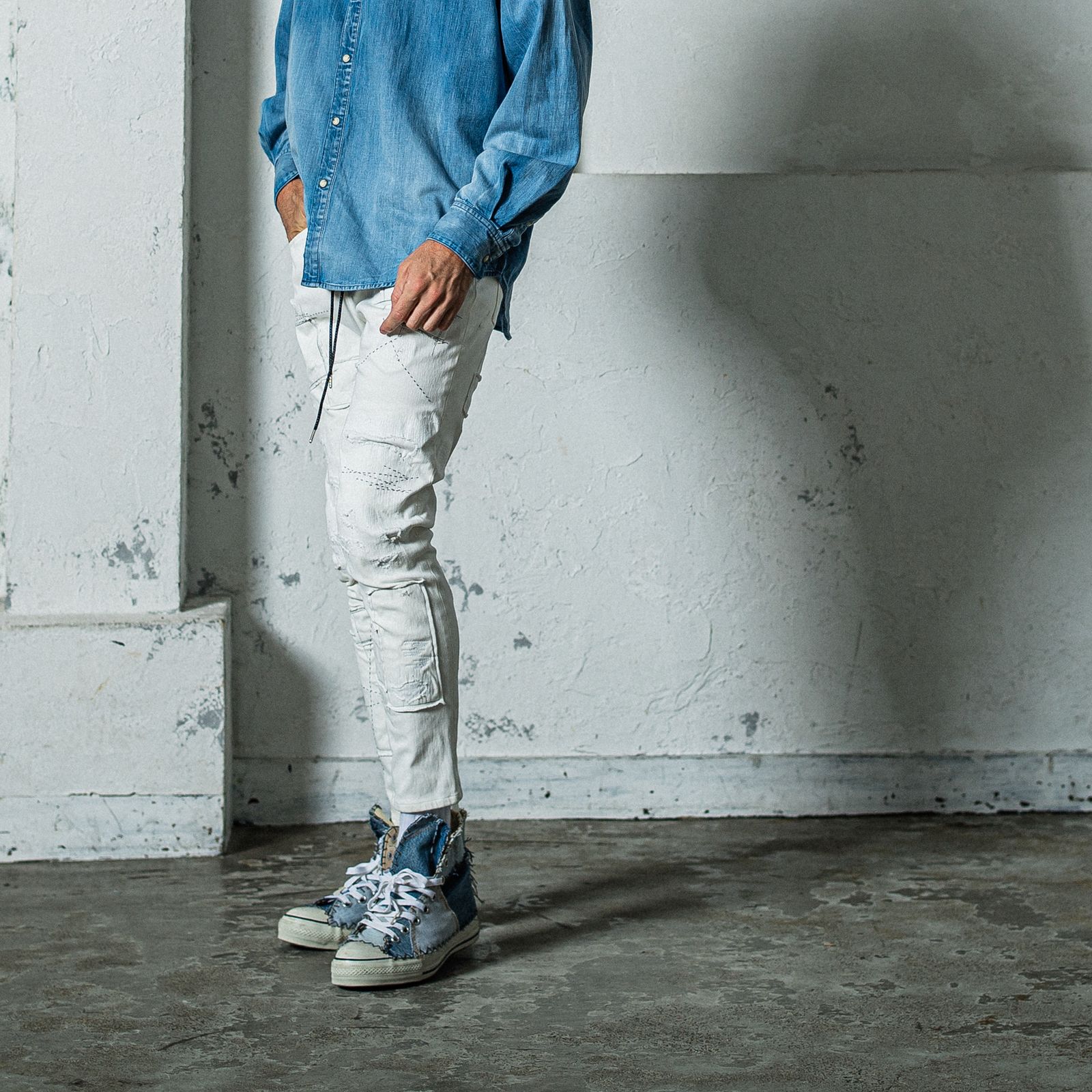 MICK DENIM JERSEY / RC35-ST-020 / デニムジャージテーパードパンツ / ホワイトリメイク