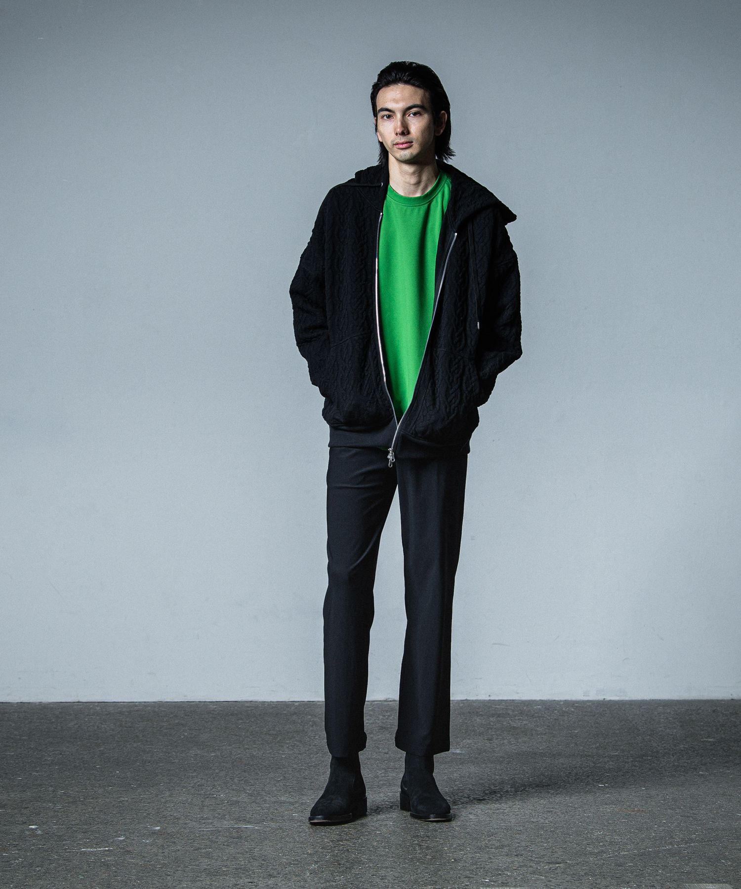 CABLE DROP ZIP HOODIE / RC33-C-004 / ケーブルジップパーカー / ブラック
