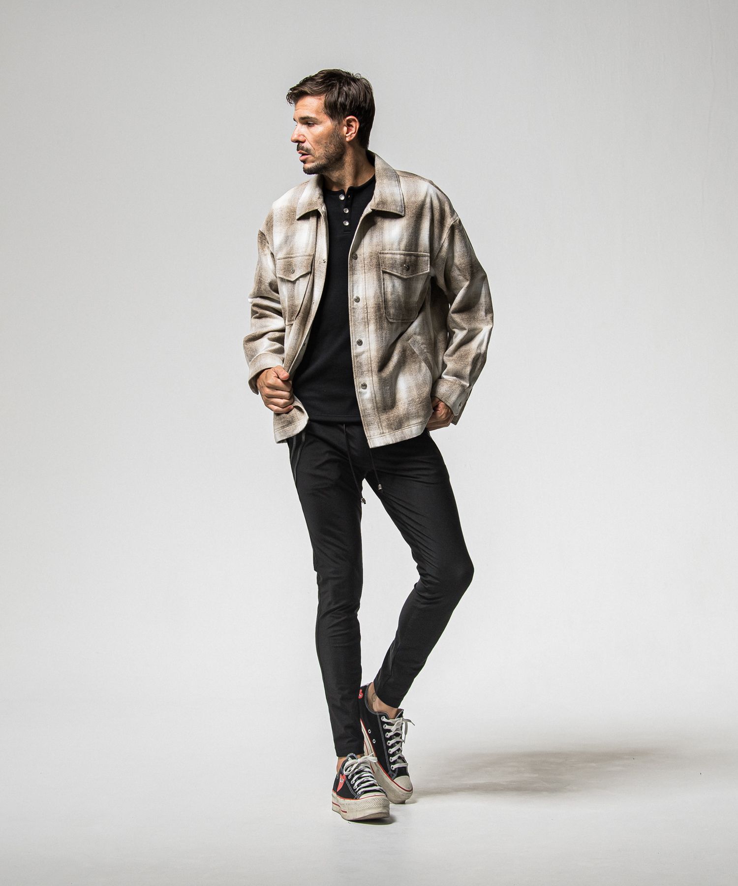 VELOURS FLEECE THERMAL HENRY / RC38-C-003 / 裏起毛サーマルヘンリーネックロングTシャツ / ブラック (10月中旬入荷予定)