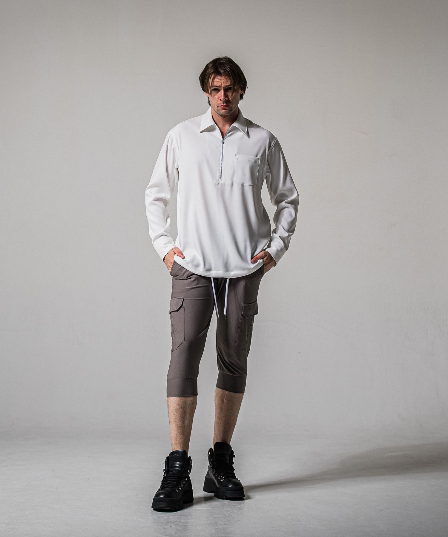 PULLOVER SATIN SHIRT / RC39-SH-002 / ハーフジップサテンシャツ / ホワイト (3月上旬入荷予定)