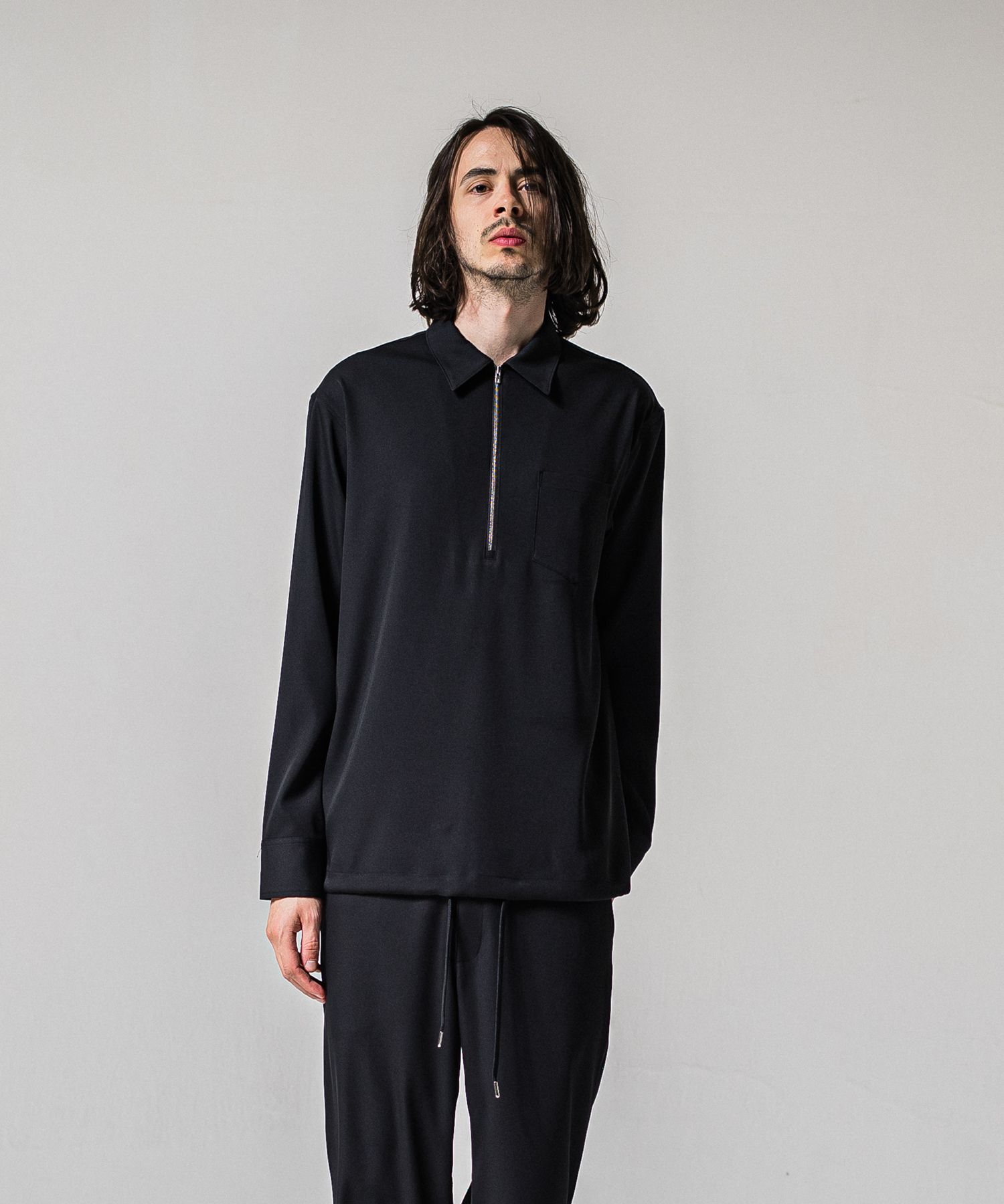 PULLOVER SATIN SHIRT / RC39-SH-002 / ハーフジップサテンシャツ / ブラック (3月上旬入荷予定)