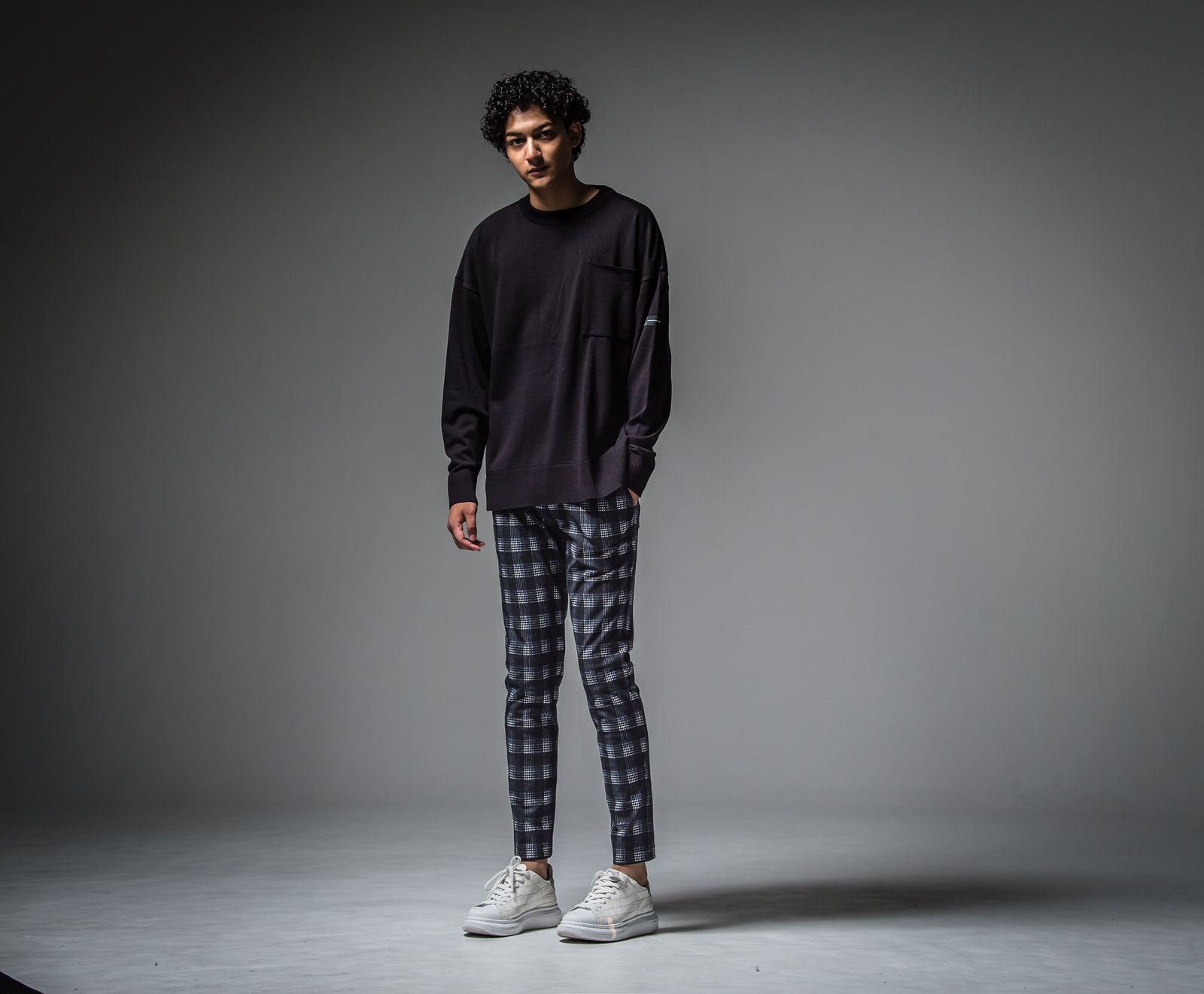 CHRIS EASY HEAT PANTS / RC30-ST-016H / 裏起毛イージーパンツ / ブラック×ブルーチェック