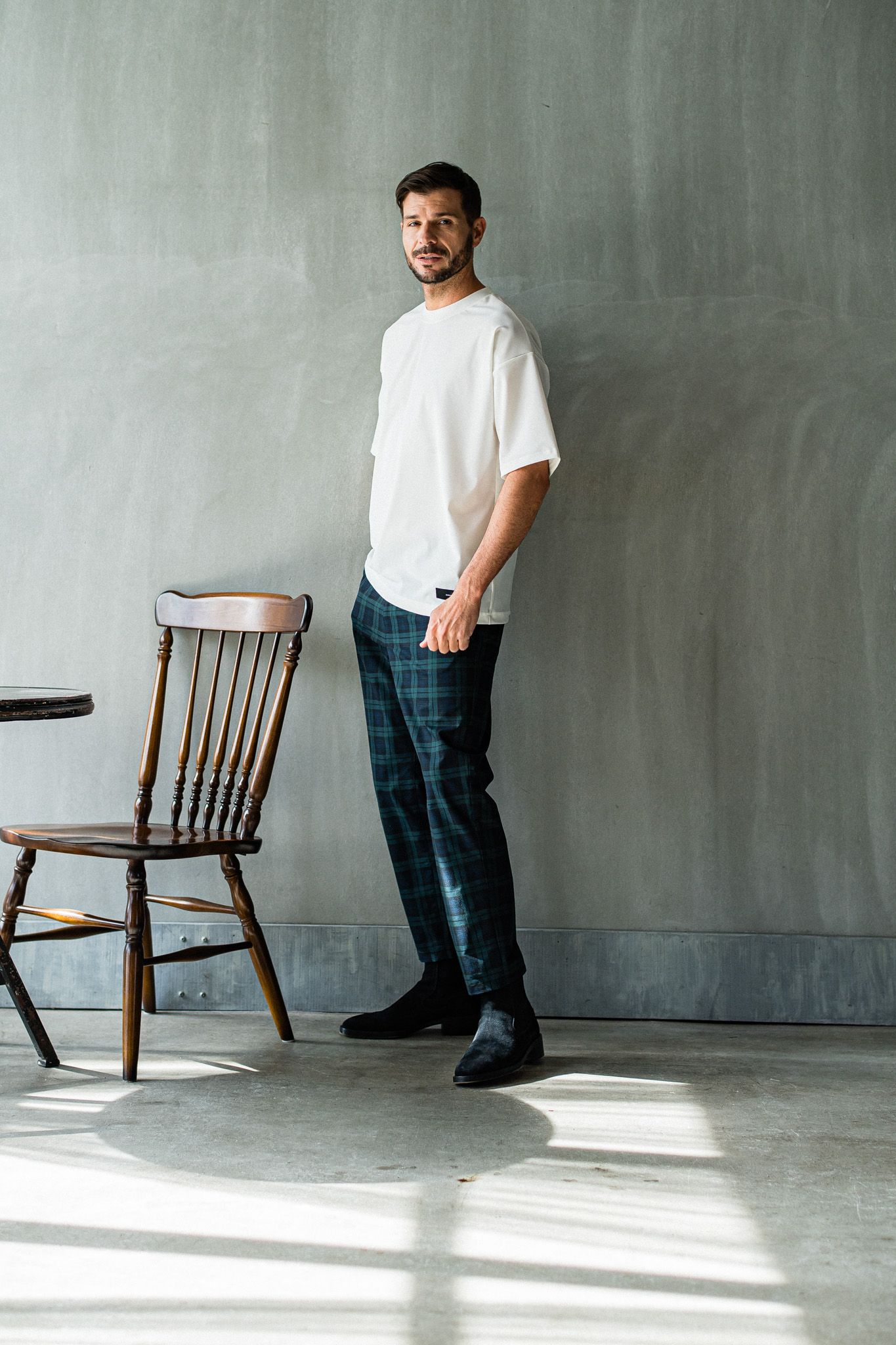 PAT WIDE EASY PANTS / RC32-ST-036 / ベルト付きテーパードワイドパンツ / グリーンチェック