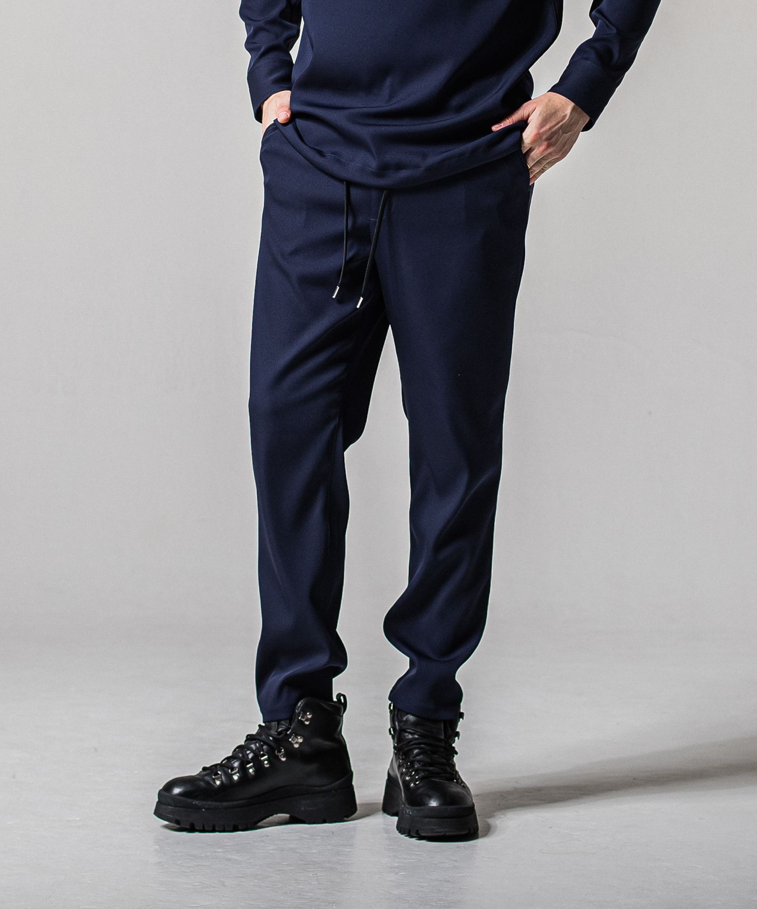 PAT WIDE EASY PANTS / RC39-ST-036BN / サテンワイドテーパードパンツ / ネイビー (2月下旬入荷予定)