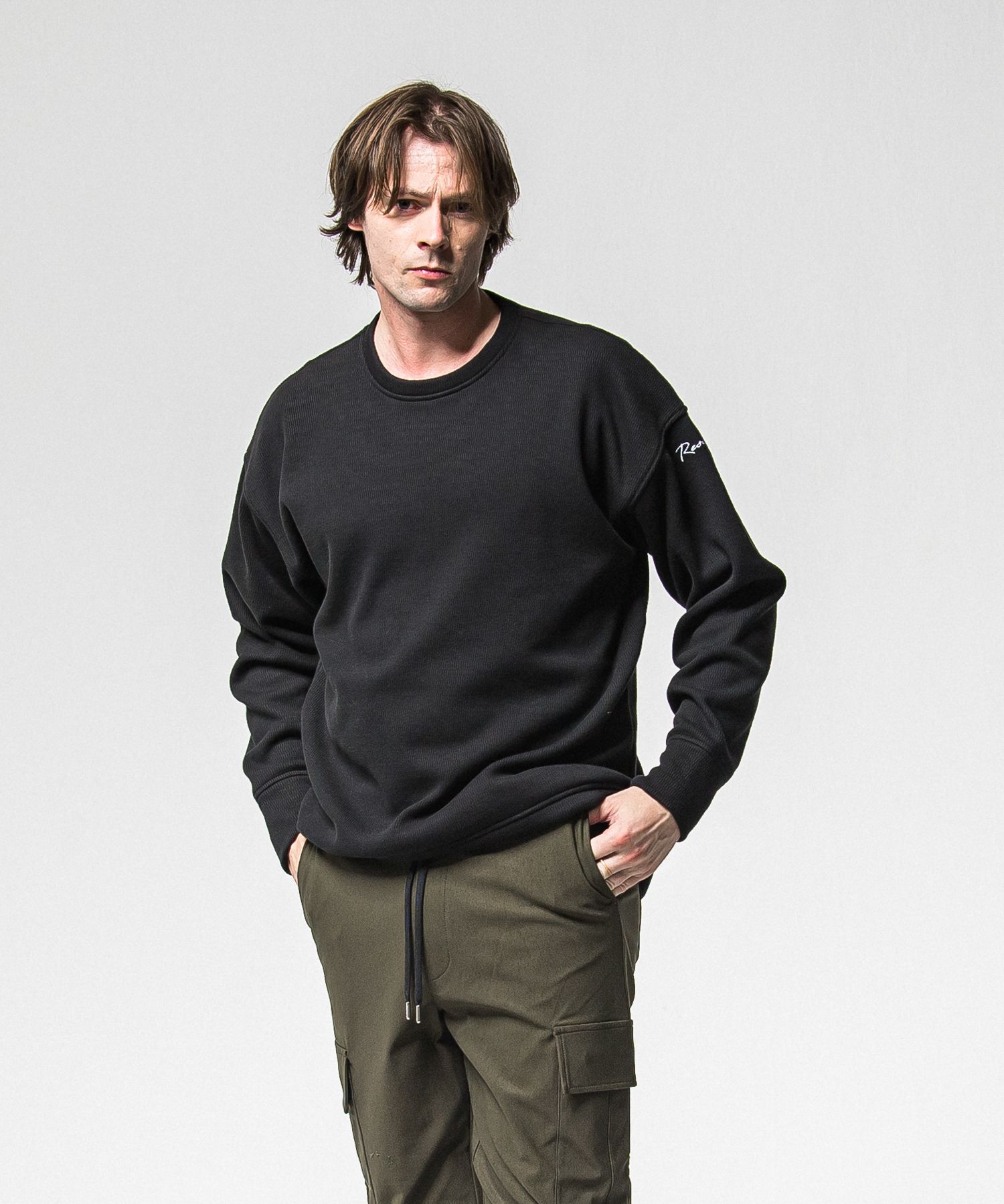 VELOURS FLEECE THERMAL LOOSE TRAINER / RC38-C-002 / 裏起毛サーマルトレーナー / ブラック (10月中旬入荷予定)