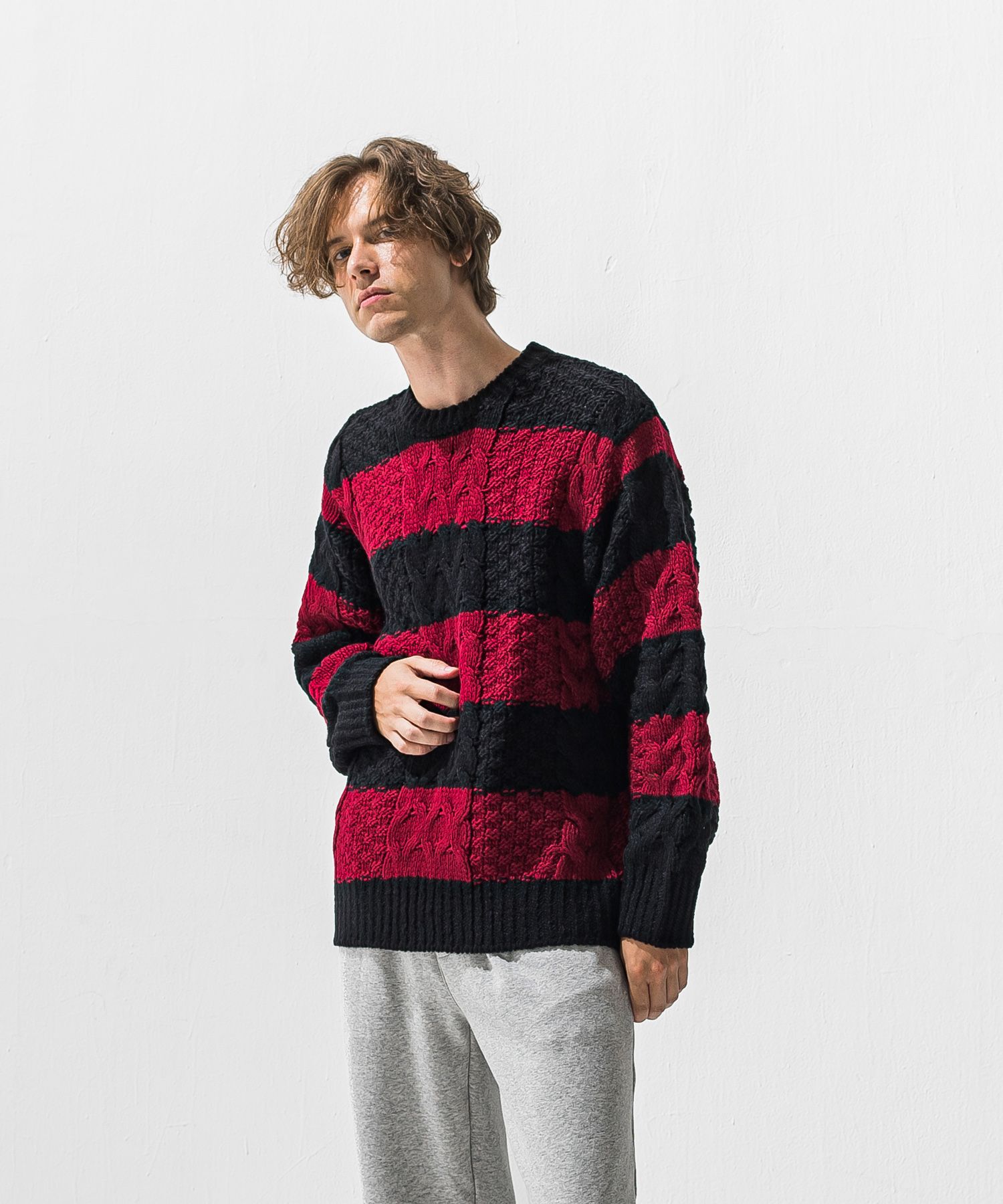 CABLE LAW SWEATER / RC42-K-002 / ケーブルニット / ブラック×レッド (10月下旬入荷予定)