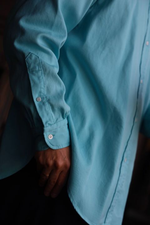 A.PRESSE Double Weave Twill Regular Collar Shirt"TURQUOISE"スタイル.2025.1.12.