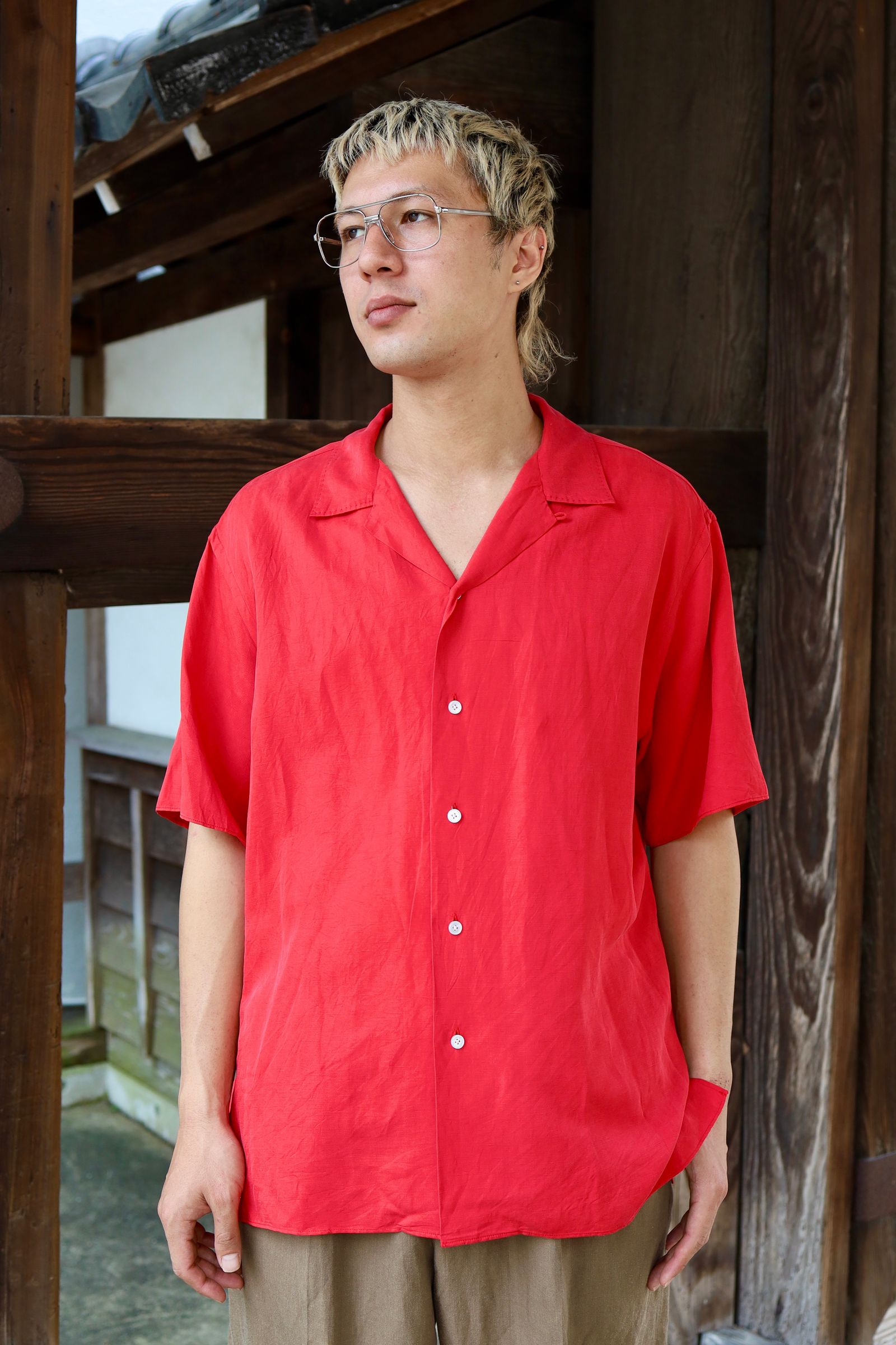 A.PRESSE Vintage Silk Linen S/S Open Collar Shirts MARKスタイル