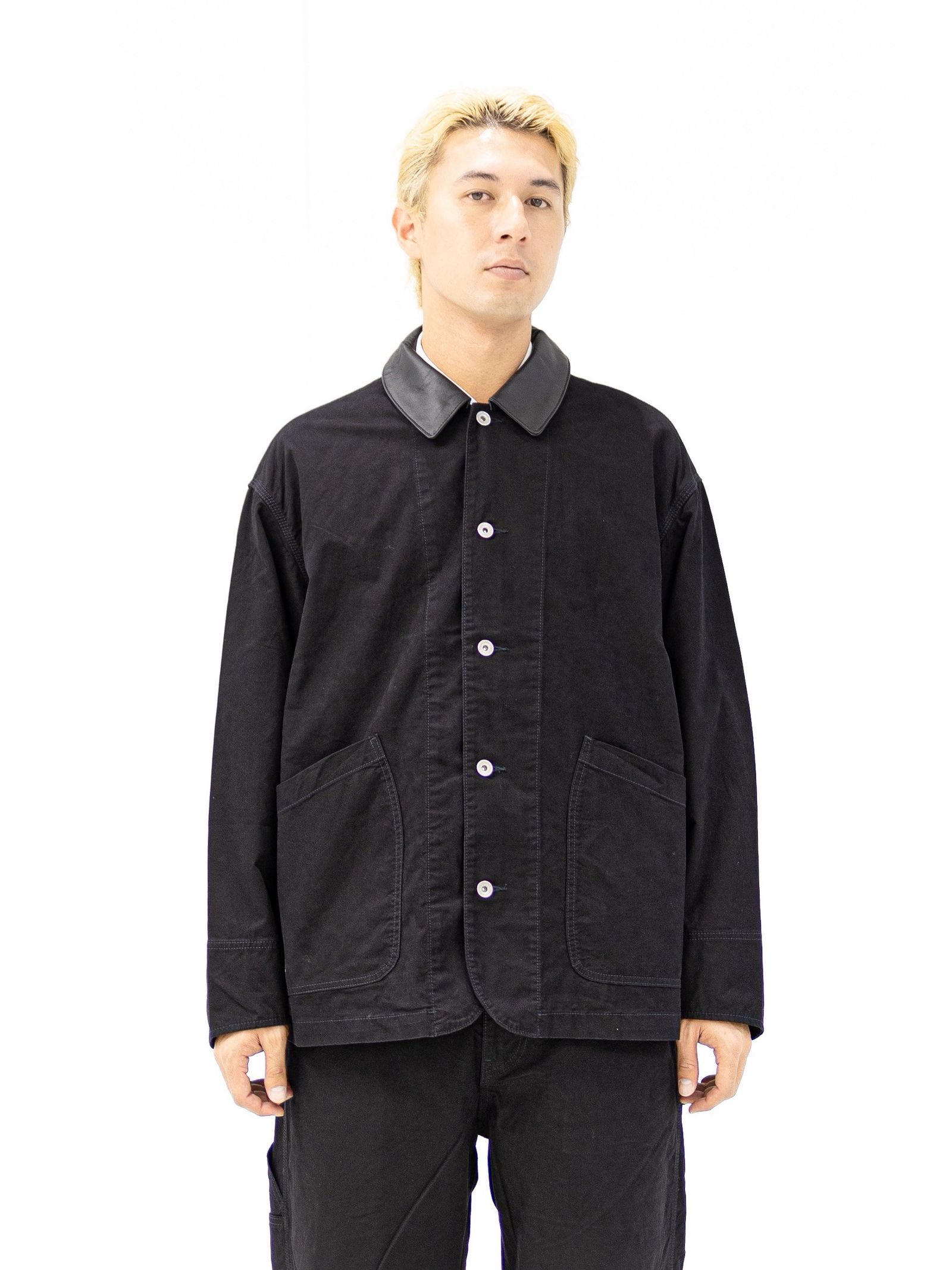 フレッシュサービス COTTON CANVAS LEATHER COLLAR WORK JACKET (BLACK) MARKスタイル
