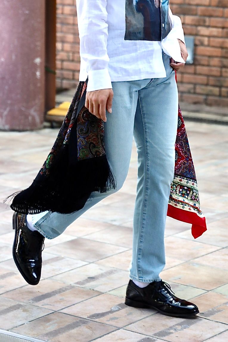 ジュンヤワタナベマン26SS Levi'sダブルネーム 綿セルビッチデニム 製品加工×シルクサテン×エステル更紗パンツ(WQ-P208-100) ☆3月6日(金)発売！