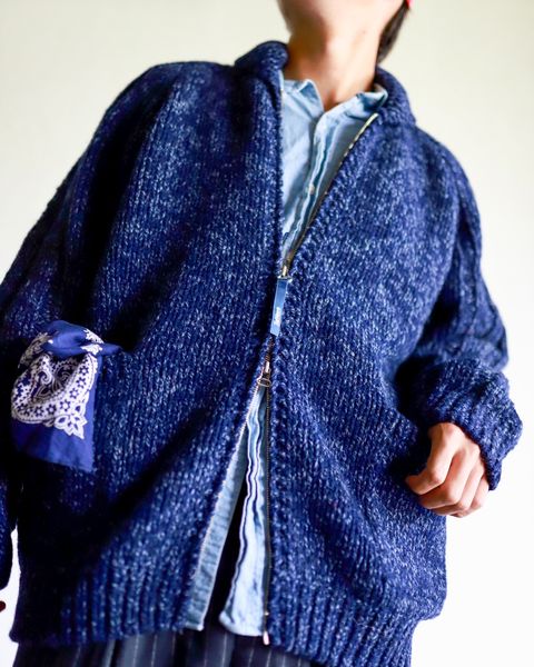 TapWater 23AW Shetland Wool Cowichan Zip Cardigan"TOP BLUE×NAVY"スタイル
