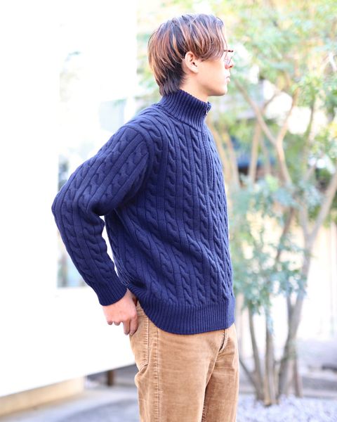 A.PRESSE Cashmere Aran Half Zip Sweaterスタイル