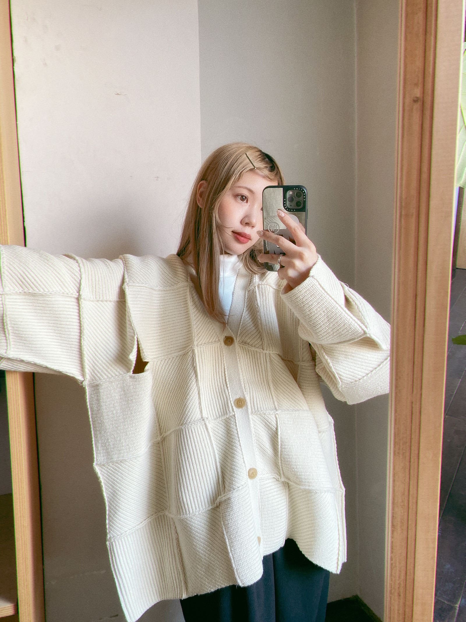 ヨーク24SS PATCHWORK RIB BUTTONED CARDIGAN(YK24SS0683S)ECRU