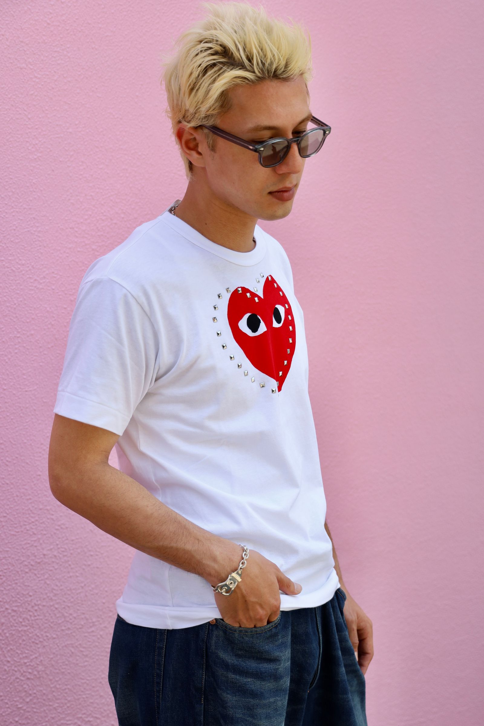 PLAY 赤いハート Tシャツ Lサイズ PLAY COMME des GARCONS RED HEART STUDS Tシャツ MARKスタイル