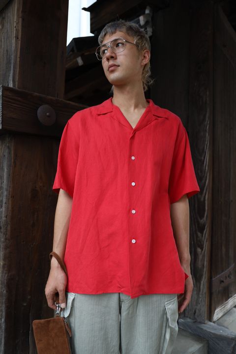 A.PRESSE Vintage Silk Linen S/S Open Collar Shirts MARKスタイル