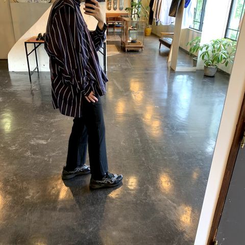 JieDa2020AW HAND STITCH STRIPE SHIRT"NAVY" FLARE SLACKS "BLACK"style.2020.7.19
