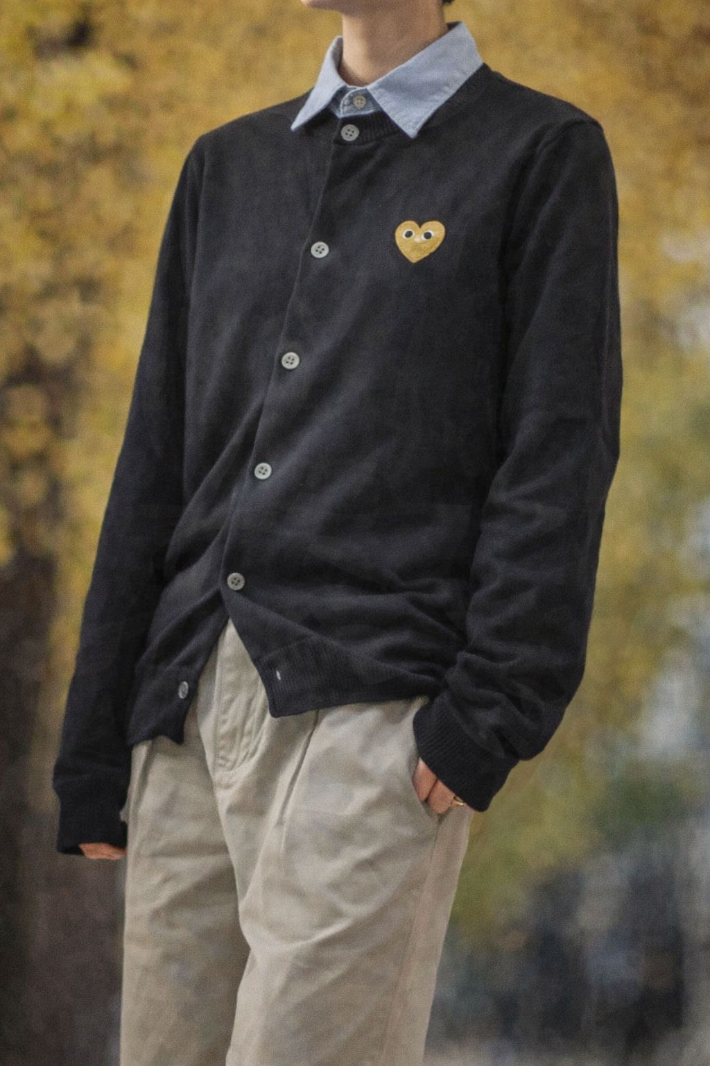 プレイコムデギャルソン ROUND NECK CARDIGAN (BLACK/GOLD HEART)☆新作発売！