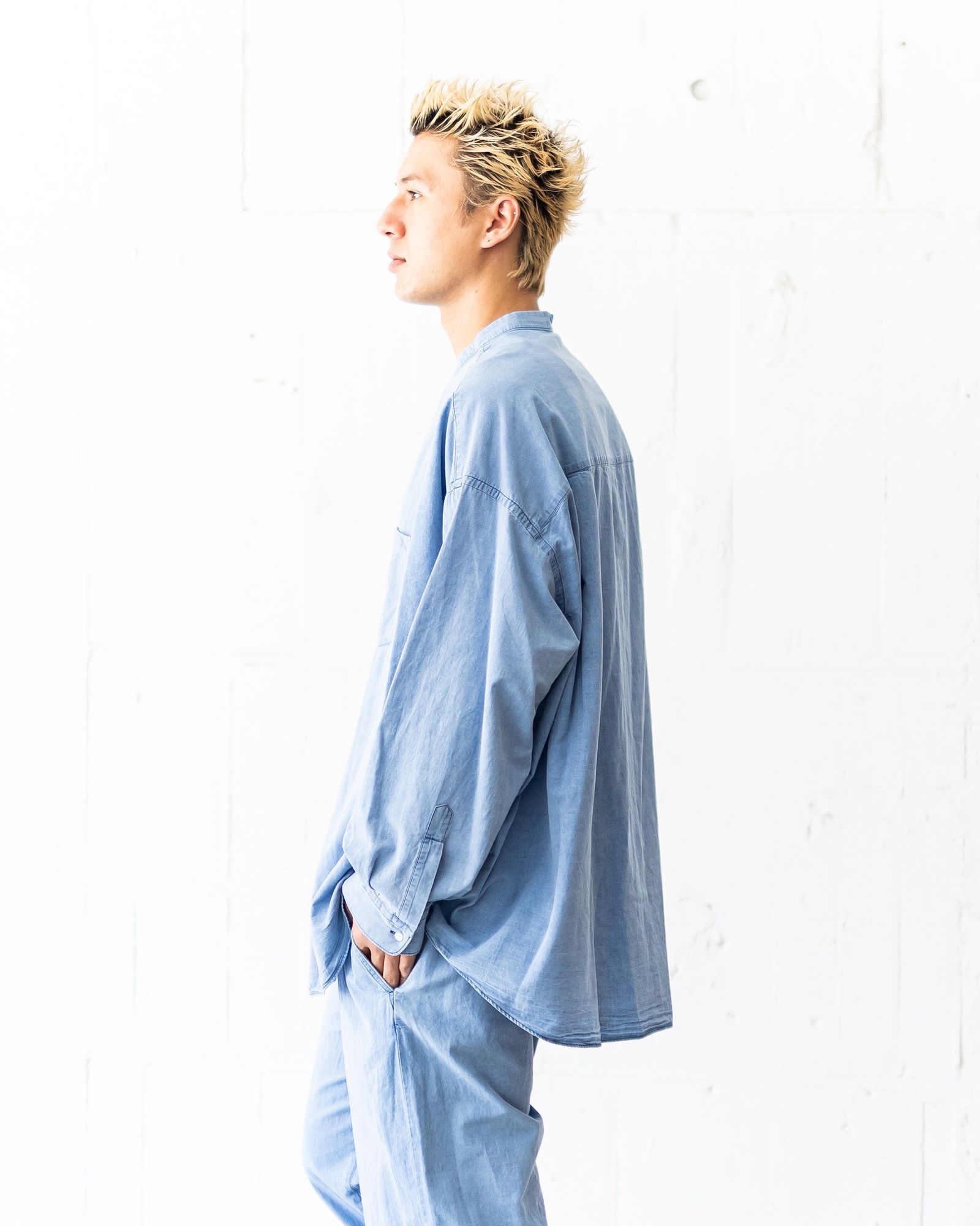 藍ページ Graphpaper SIDOGRAS Indigo Poplin L/S Oversized Band Collar