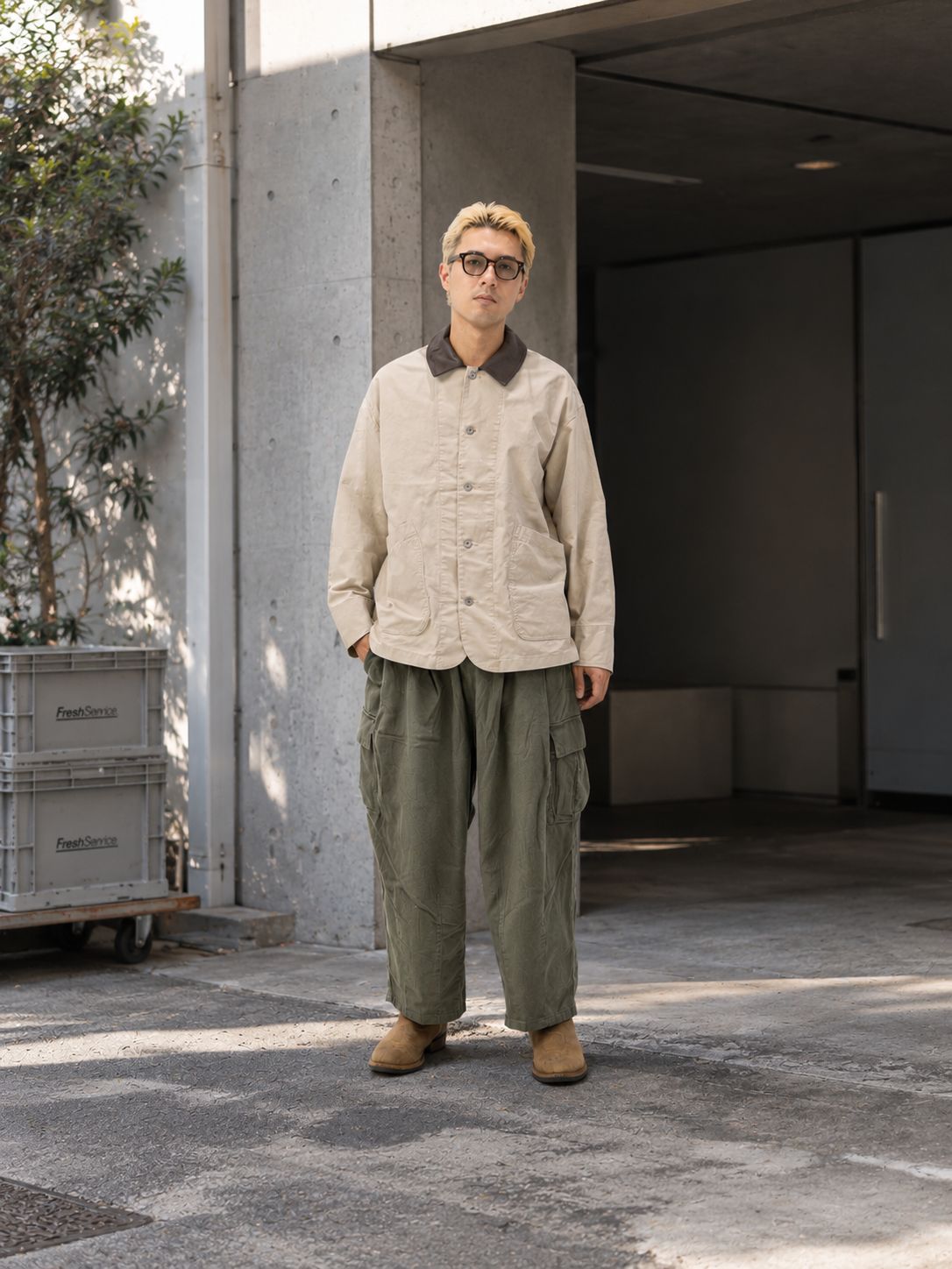 フレッシュサービス COTTON CANVAS LEATHER COLLAR WORK JACKET (BEIGE) MARKスタイル