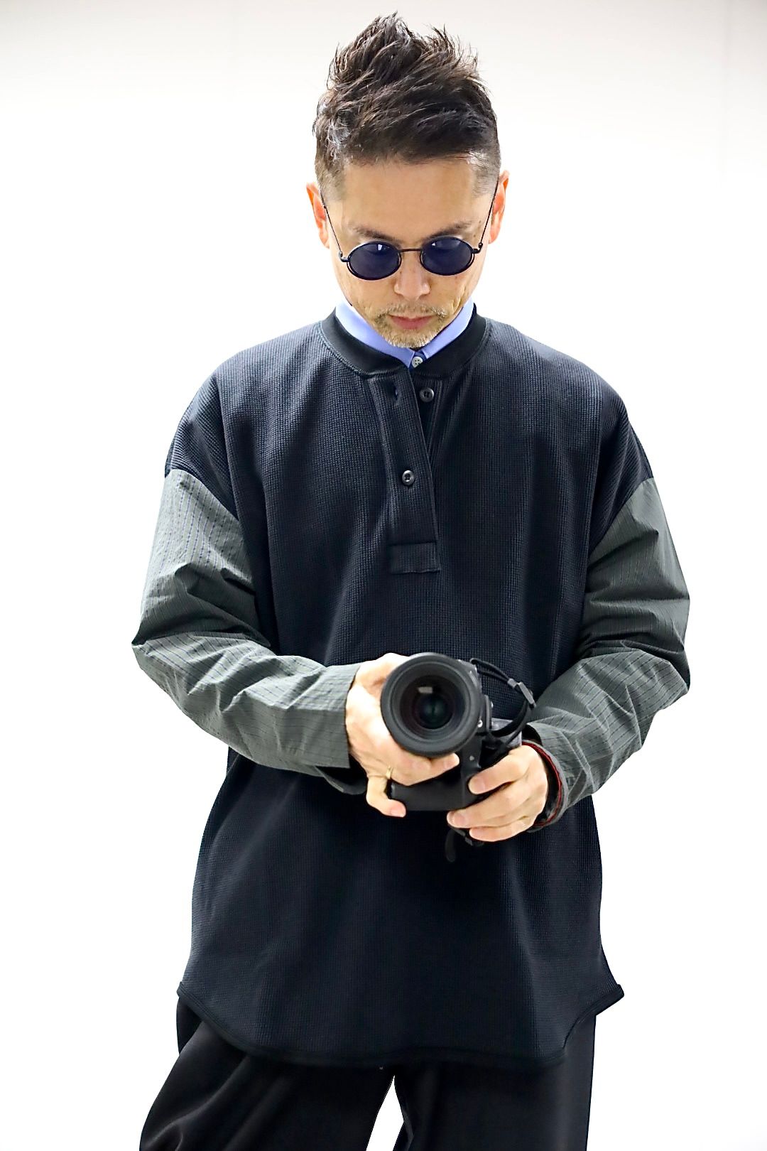 コムデギャルソンオム26SS ワッフルヘンリー切替えカットソー(HQ-T010-051)BLACK×KHAKI☆3月6日(金)発売！