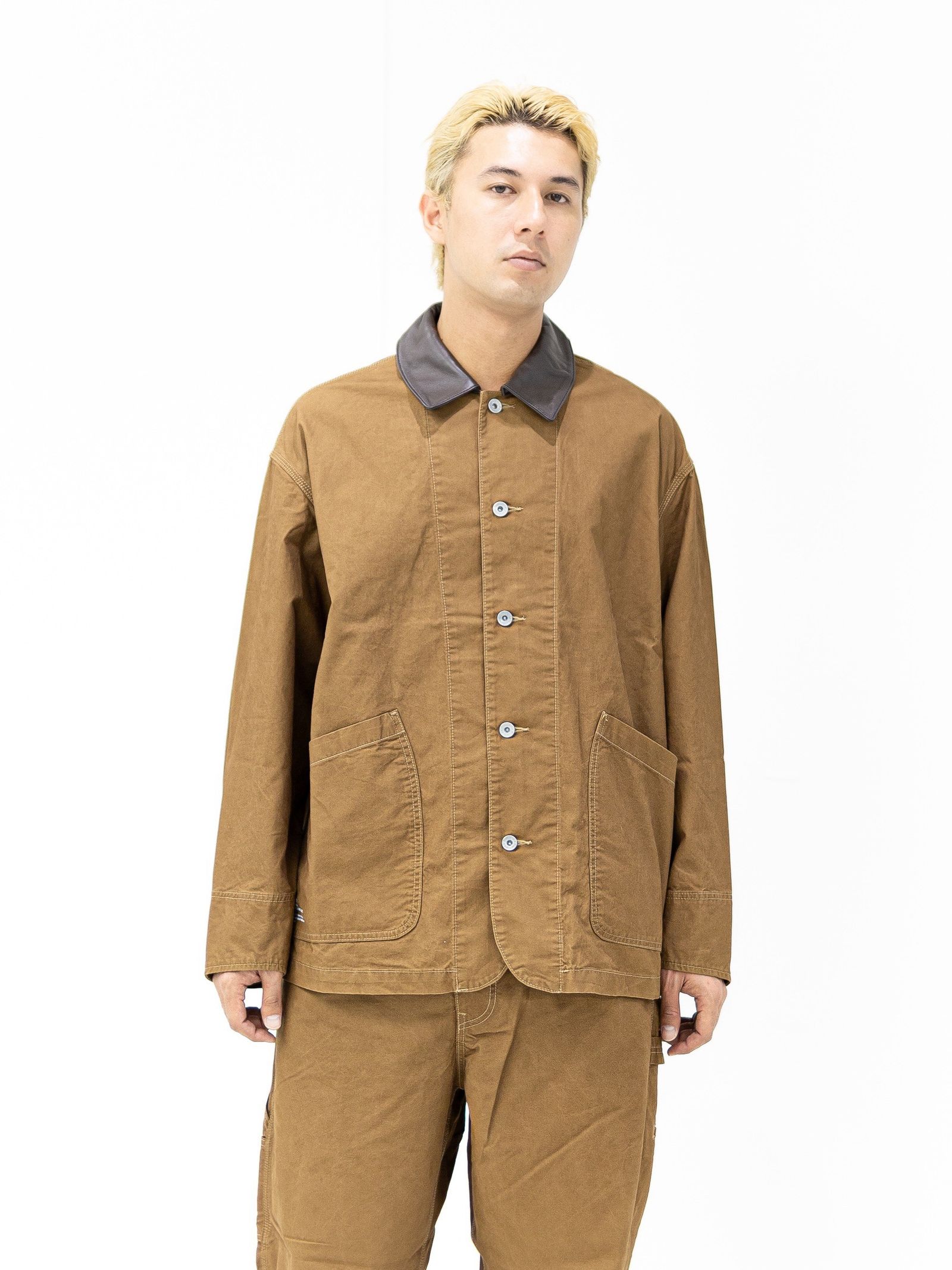 フレッシュサービス COTTON CANVAS LEATHER COLLAR WORK JACKET (CAMEL) MARKスタイル