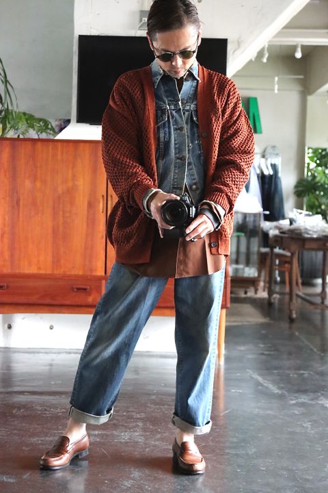 YOKE MESHED KNIT CARDIGAN"ORANGE"style.2022.2.21.