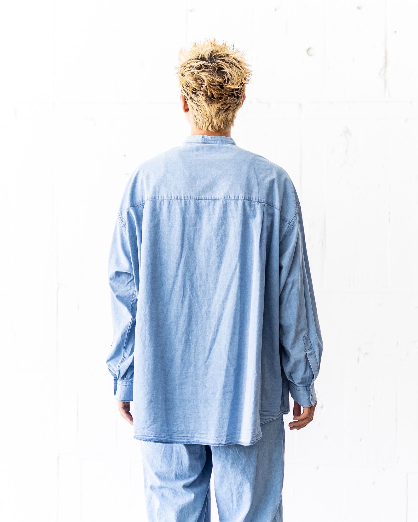 グラフペーパー SIDOGRAS Indigo Poplin L/S Oversized Band Collar Shirt(GM252-50046)LIGHT FADE☆8月2日(土)発売！
