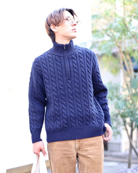 A.PRESSE Cashmere Aran Half Zip Sweaterスタイル