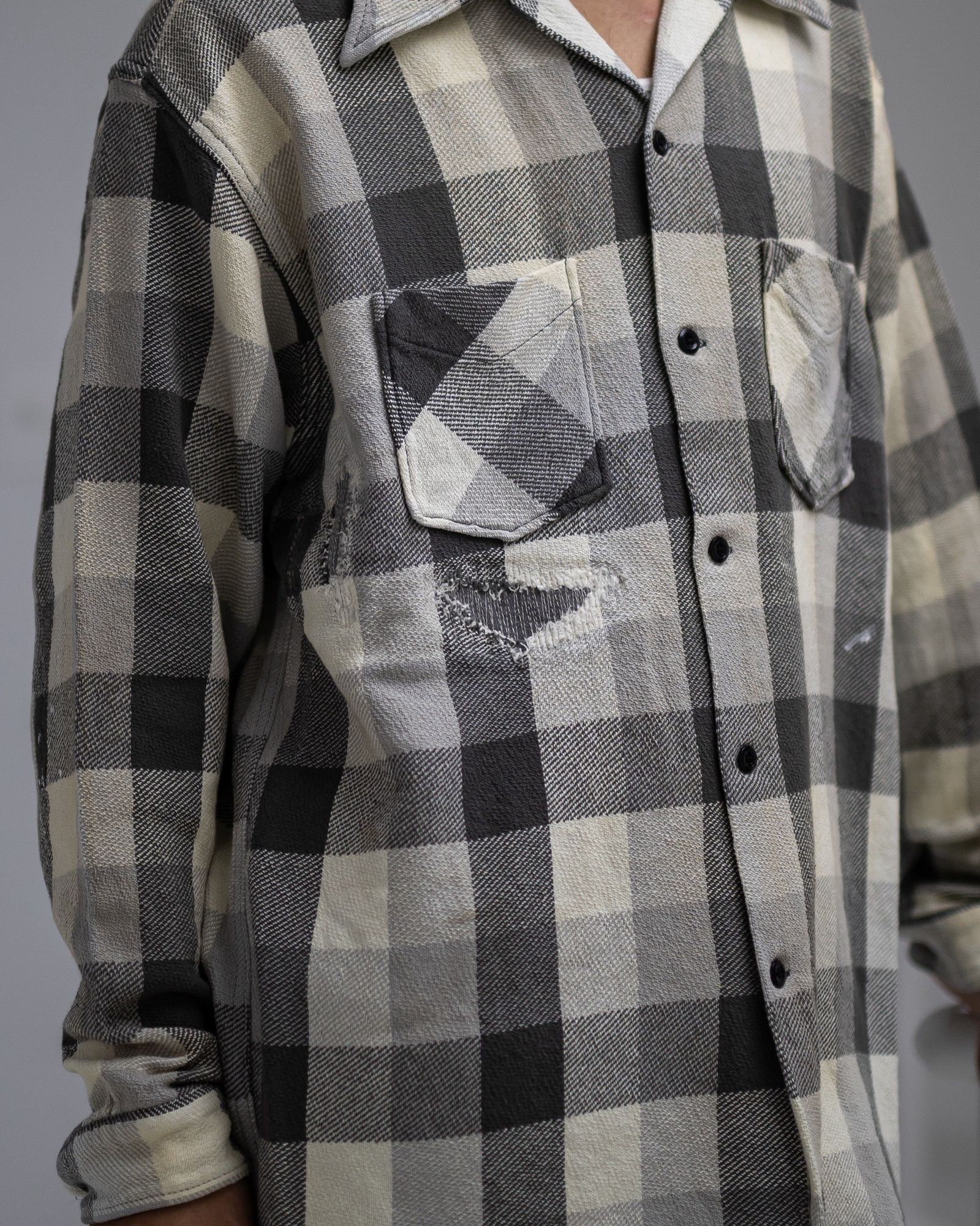 BOW WOW 25FWバウワウ DAMAGED AND STAINED FLANNEL SHIRT(BW252-DSFS) AGED GRAY x WHITE