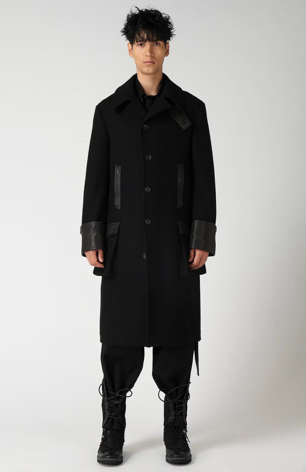 yohji yamamoto - Yohji Yamamoto 革切り替え6つ釦ロングジャケット(HW