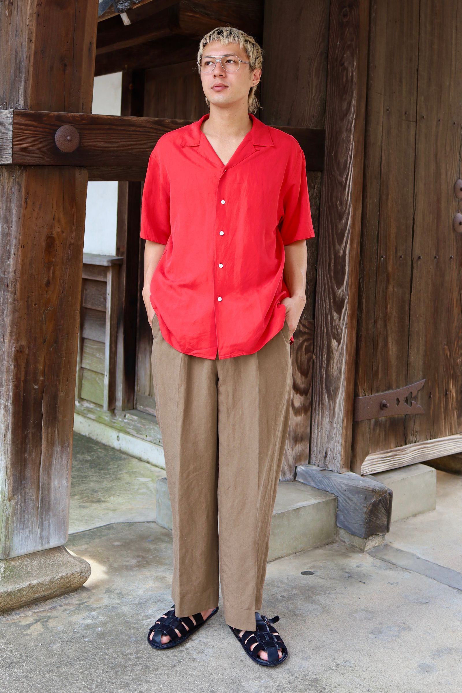 A.PRESSE Vintage Silk Linen S/S Open Collar Shirts MARKスタイル
