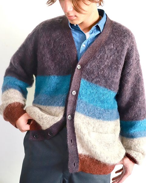YOKE 23AW MOHAIR BORDER CARDIGAN"PURPLE"スタイル