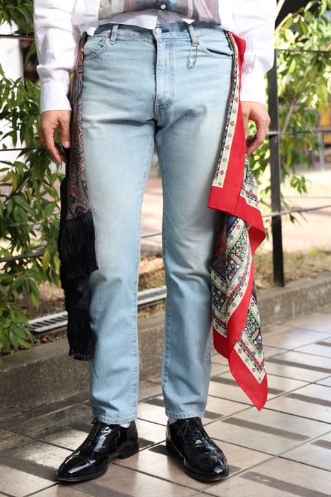 ジュンヤワタナベマン26SS Levi'sダブルネーム 綿セルビッチデニム 製品加工×シルクサテン×エステル更紗パンツ(WQ-P208-100) ☆3月6日(金)発売！