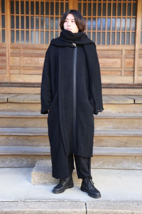 yohji yamamoto アンバランスファスナーロングニットカーディガン Style.2020.10.24.