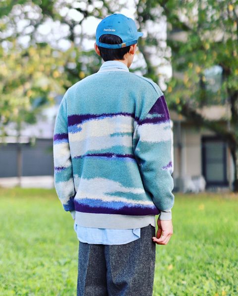 Graphpaper 23AW Jacquard Crew Neck Knit"BLUE FOG"スタイル