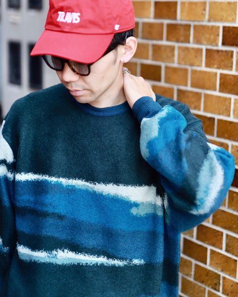 Graphpaper 23AW Jacquard Crew Neck Knit"DEEP FORST"スタイル