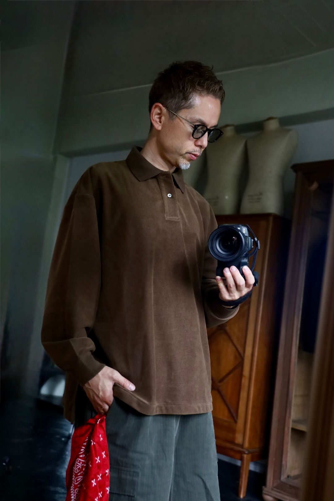 Graphpaper Pique Velour Jersey L/S Polo"BROWN"スタイル